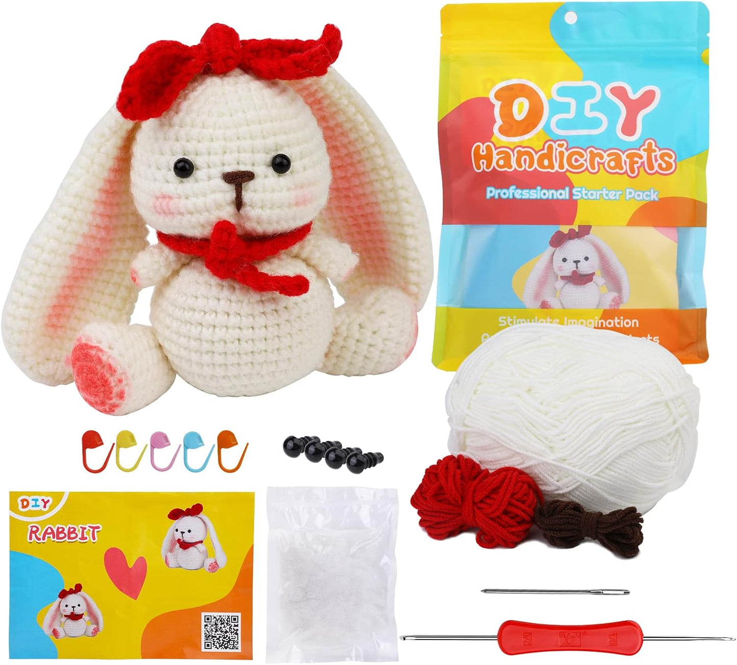 The Crochet Rabbit Kit is a beginner-friendly DIY set that includes yarn, a crochet hook, stuffing, safety eyes, stitch markers, instructions, and a finished sample bunny.