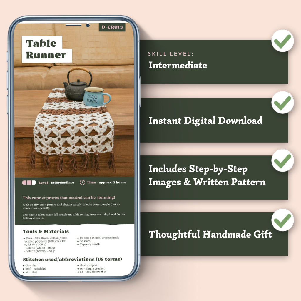 A phone shows the Table Runner Crochet Pattern with a teapot and cup on top; a checklist notes skill level, digital download, detailed instructions, and gift suitability.