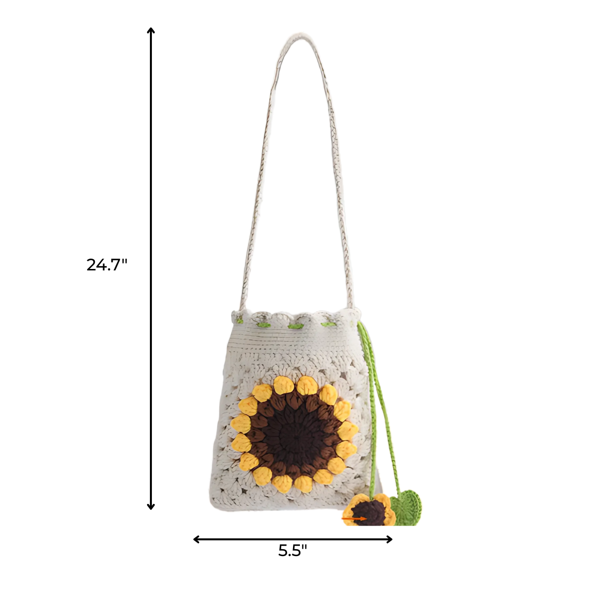 The Sunflower Crochet Bag Kit includes a floral bag with a long strap, measuring 24.7" high and 5.5" wide—ideal for lovers of unique crochet accessories.