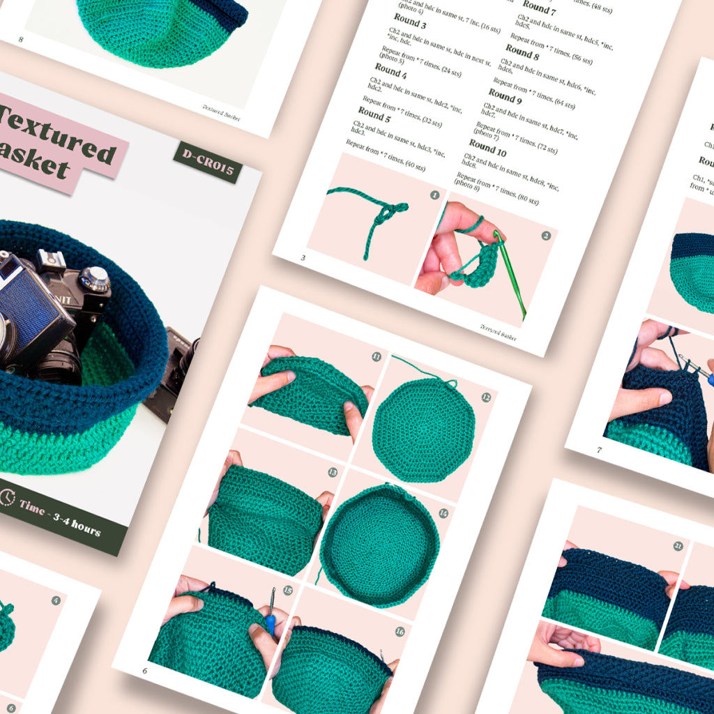 The Textured Basket Crochet Pattern features the spike stitch and includes written instructions, step-by-step photos, plus a finished basket image showing it used to hold small items.
