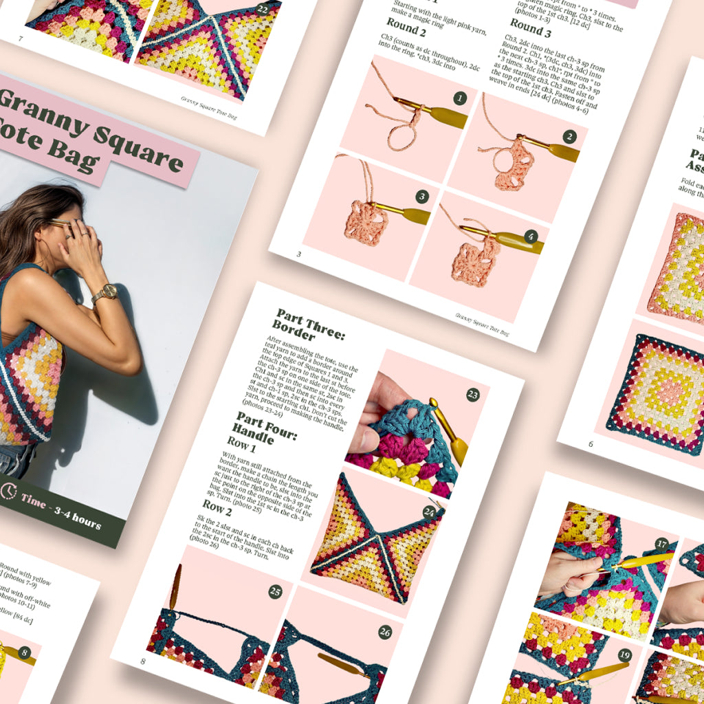 A flat lay of printed instructional pages for the Granny Square Tote Bag Crochet Pattern, featuring step-by-step photos, diagrams, and a colorful crochet design that's beginner-friendly.