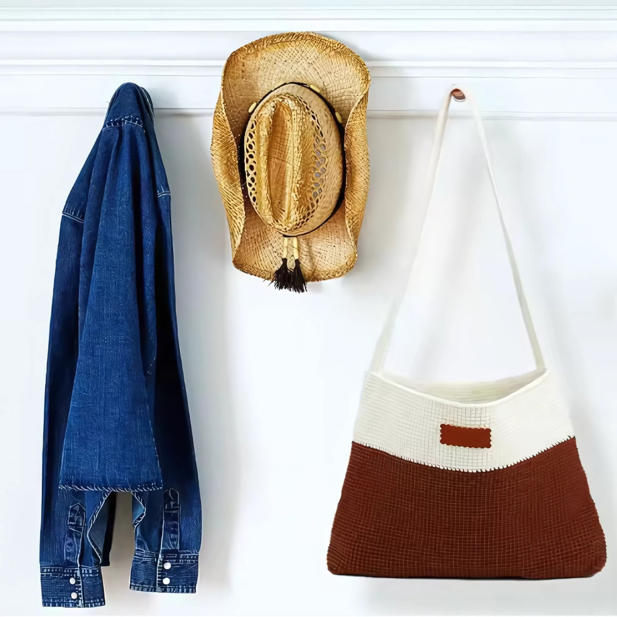 A denim shirt, a straw cowboy hat, and a Modern Crochet Tote Bag Kit hang on white wall hooks.