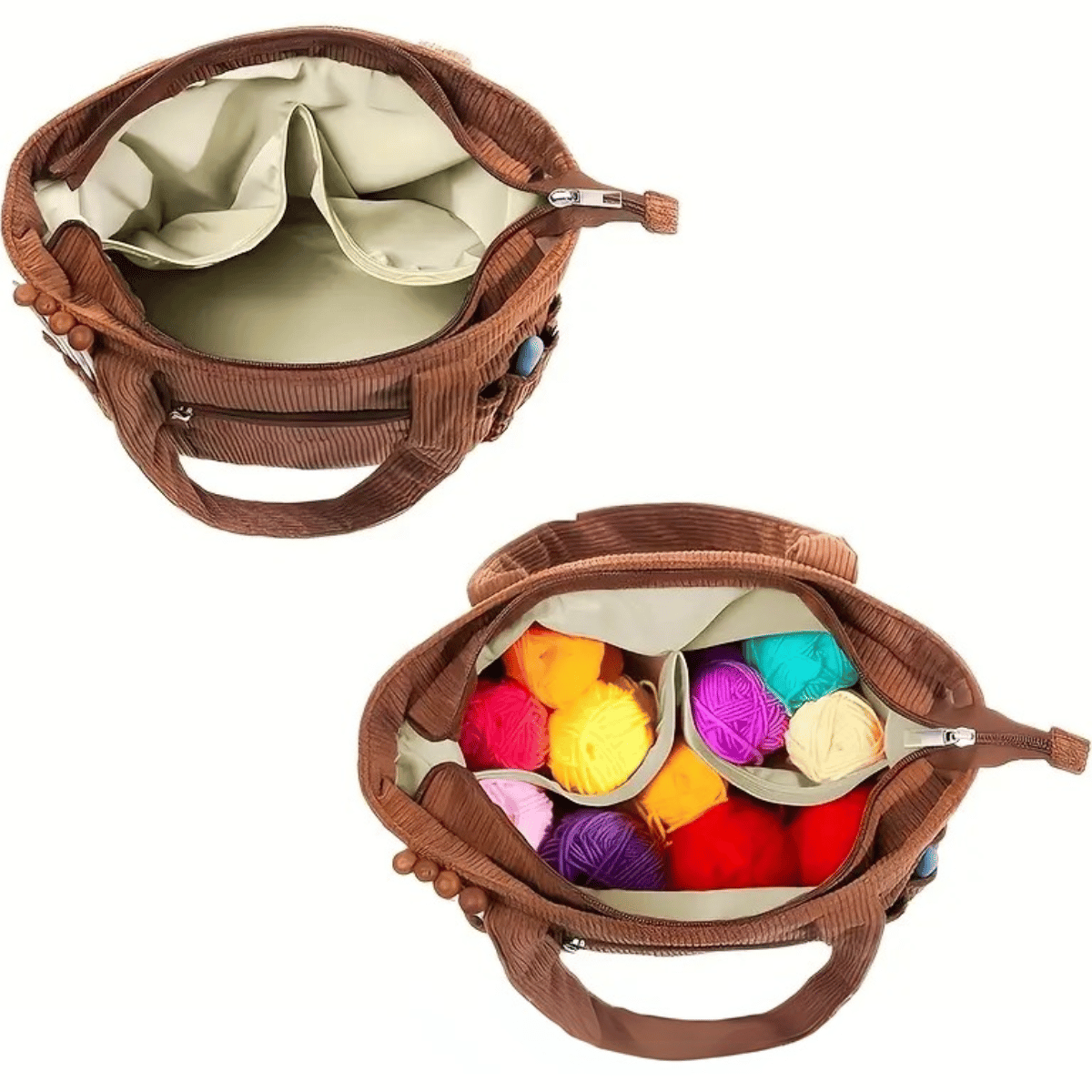 Two images of the Crochet & Knitting Organizer Tote: one shows its empty interior with pockets, and the other features it filled with colorful yarn skeins—ideal for tangle-free crafting and pairing with your flame ceramic yarn bowl.