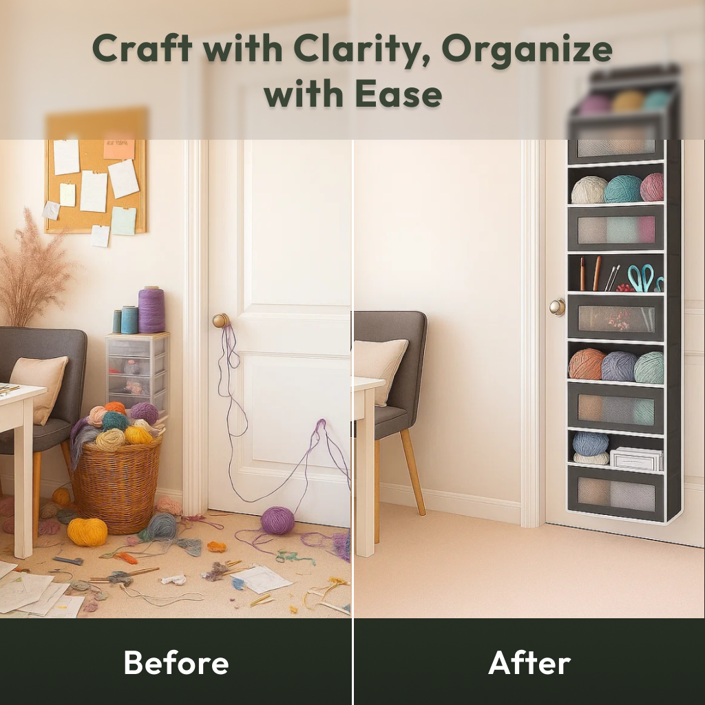 Before and after images of a craft room: the left side shows cluttered yarn, while the right side features neatly organized yarn stored in the Hanging Yarn Organizer.