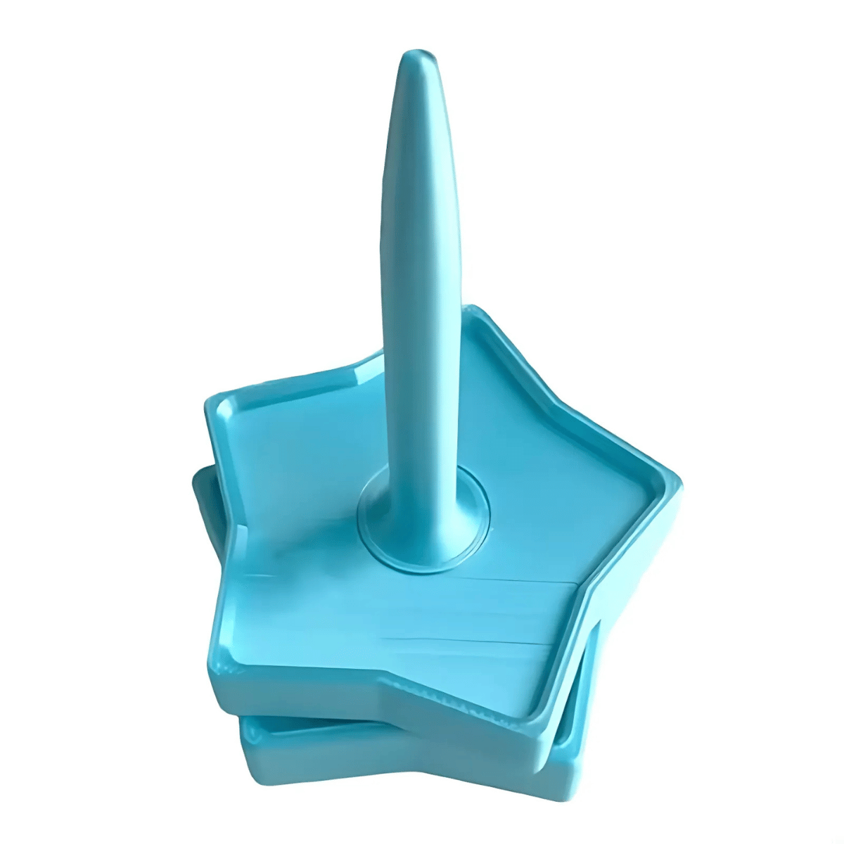 The Spinning Yarn Holder is a blue plastic stacking toy with star-shaped rings and a central pole, designed for tangle-free crafting and smooth yarn feeding, shown against a white background.