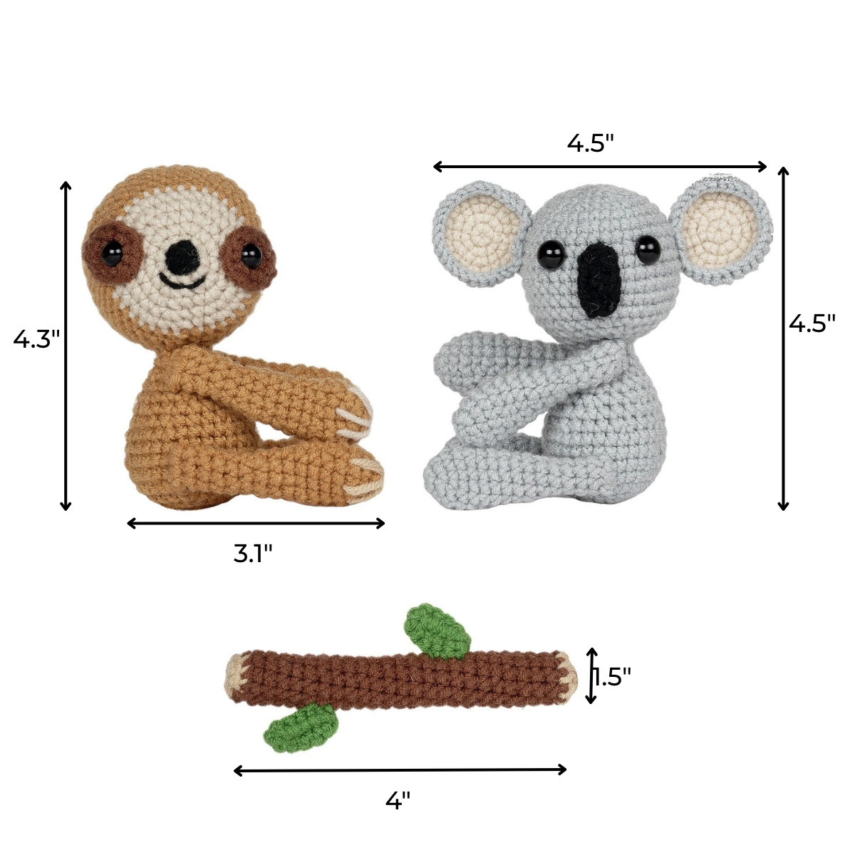 The Crochet Sloth & Koala Kit includes crocheted sloth (4.3"x4.5"), koala (4.5"x4.5"), and branch (4"x1.5")—ideal as an animal crochet kit for beginners or a fun sloth and koala crochet project.