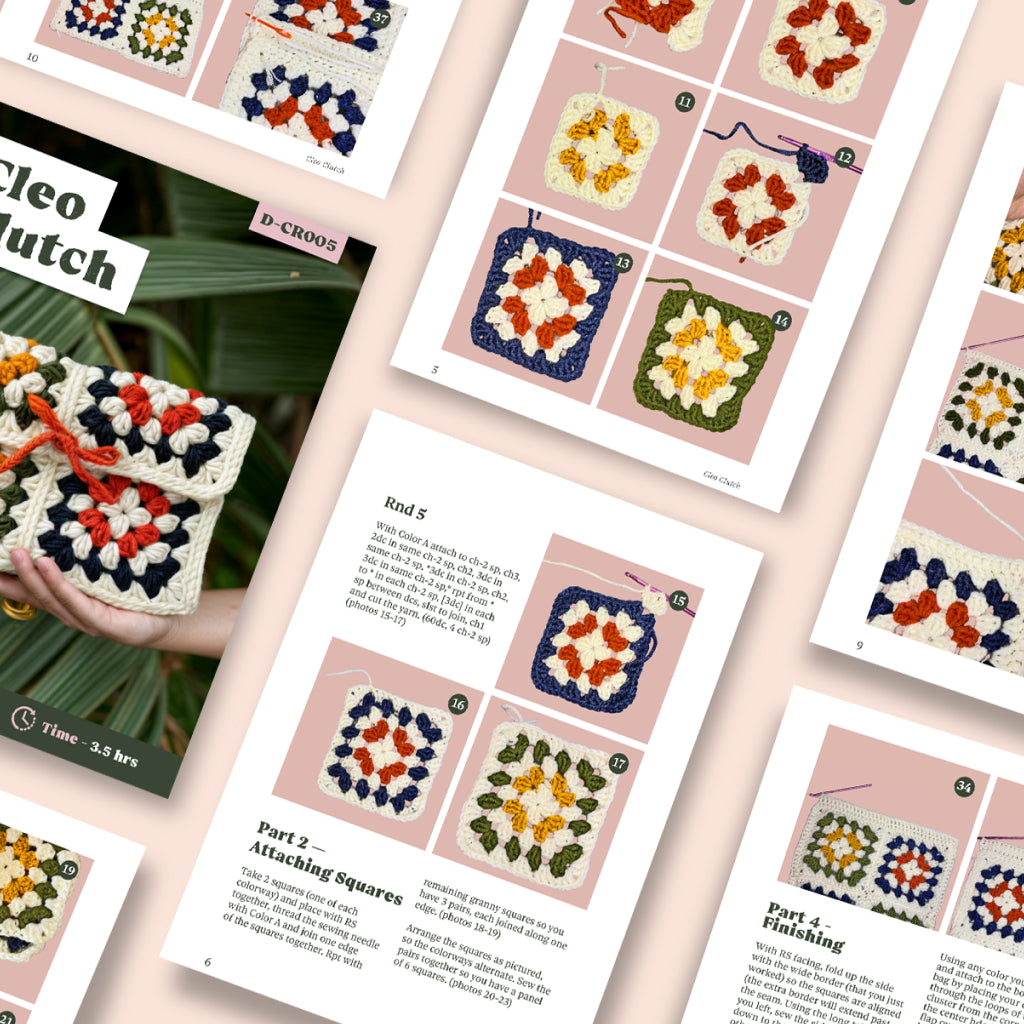 The Cleo Clutch Crochet Pattern features step-by-step photos, diagrams, and text instructions for making a multicolored clutch using a classic granny square design.