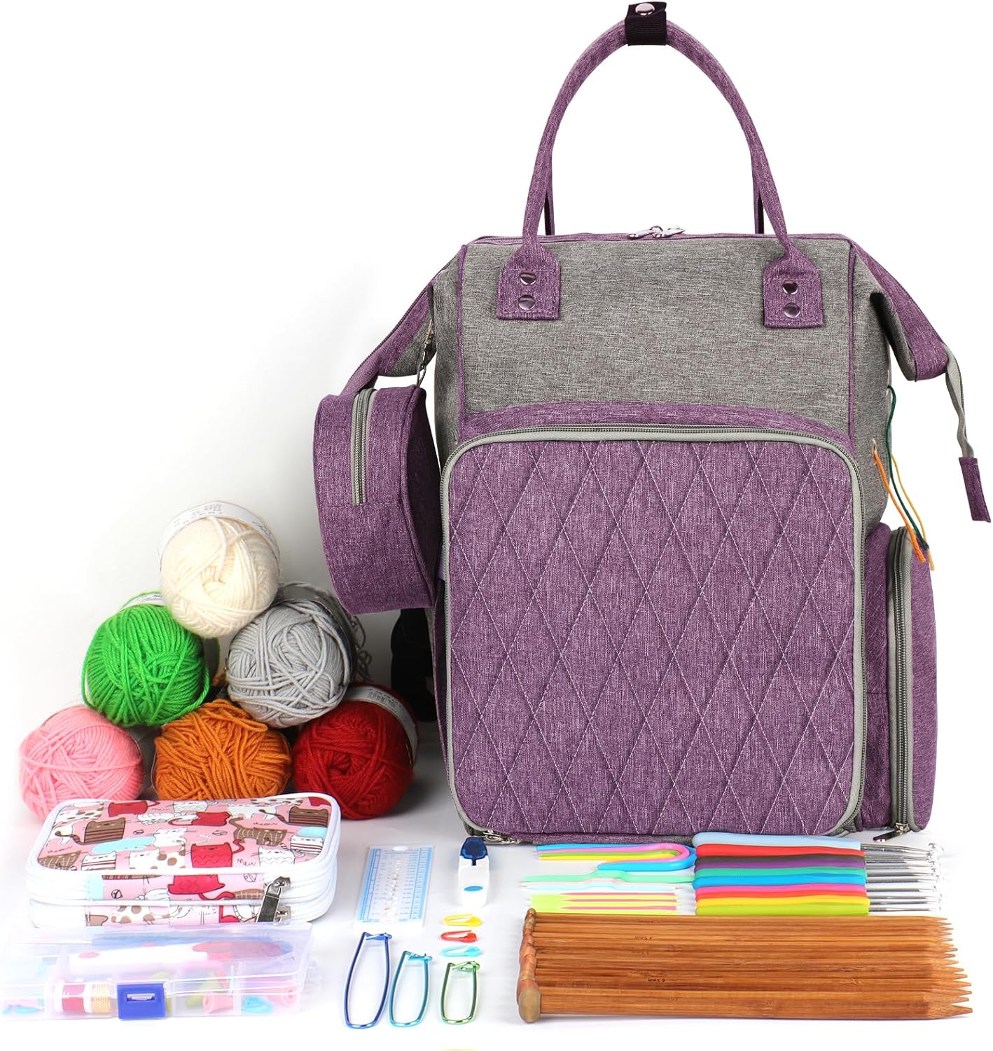 The Knitting and Crochet Organizer Backpack, made from durable gray and purple 600D Oxford fabric, is shown with colorful yarn balls, hooks and needles, stitch markers, and an Oxford Serenity Luxe Organizer box of essential crafting tools.