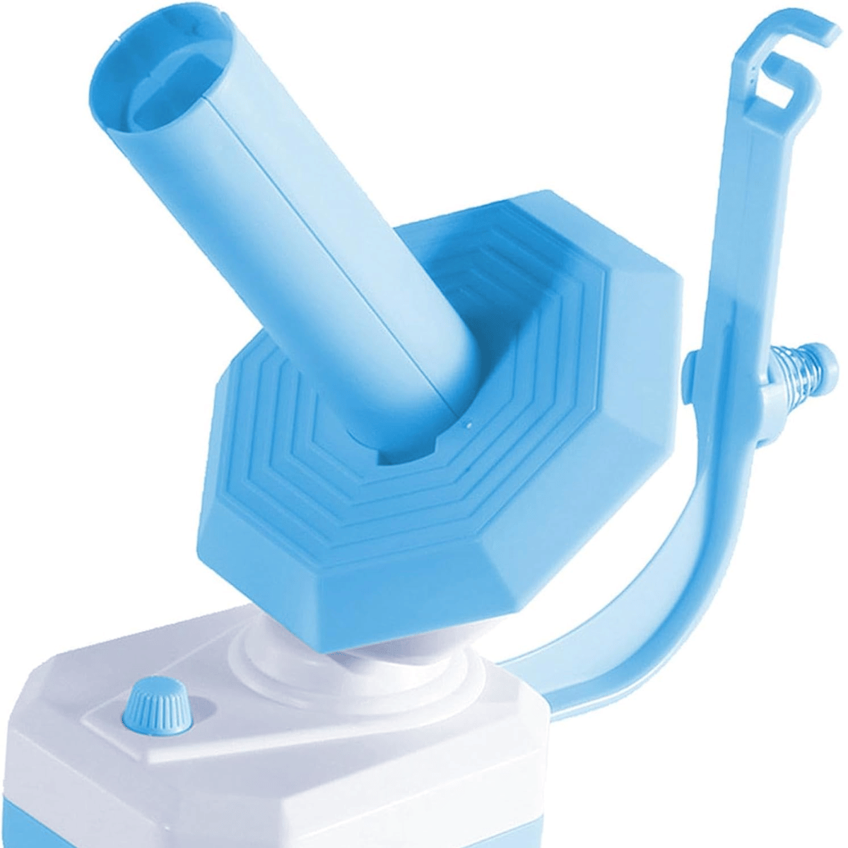 Close-up of an Electric Yarn Winder in blue and white, featuring an angled cylindrical tube, hexagonal base, and adjustment knob.