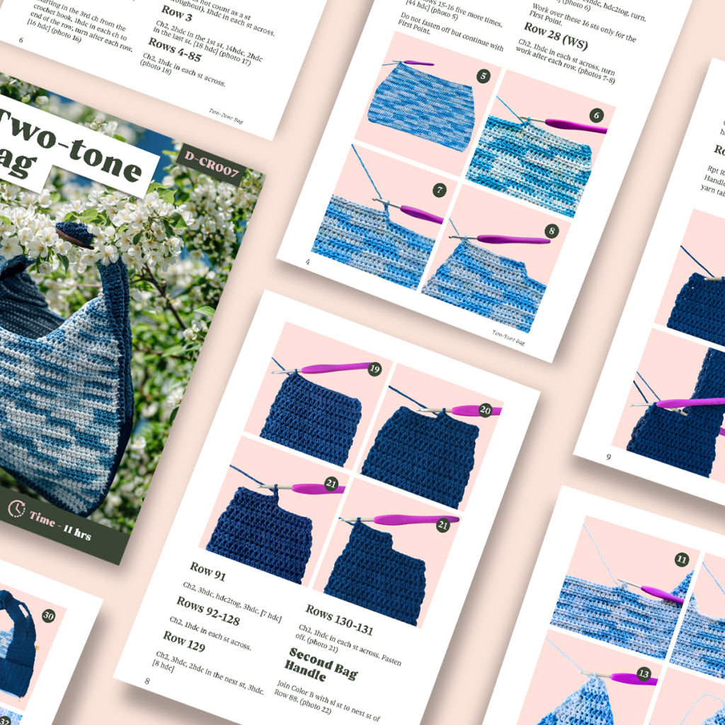 The Two-Tone Bag Crochet Pattern for intermediate crocheters includes step-by-step photo instructions, row-by-row text guidance, and features a blue Two-Tone Bag image on the cover.