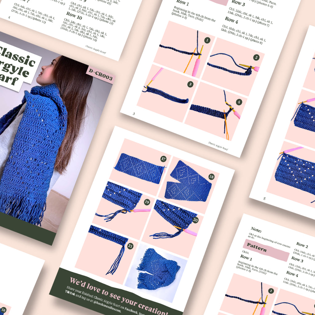 The Classic Argyle Scarf Crochet Pattern features beginner-friendly, step-by-step instructions with clear images and diagrams, arranged across several pages to guide you in creating this stylish accessory.