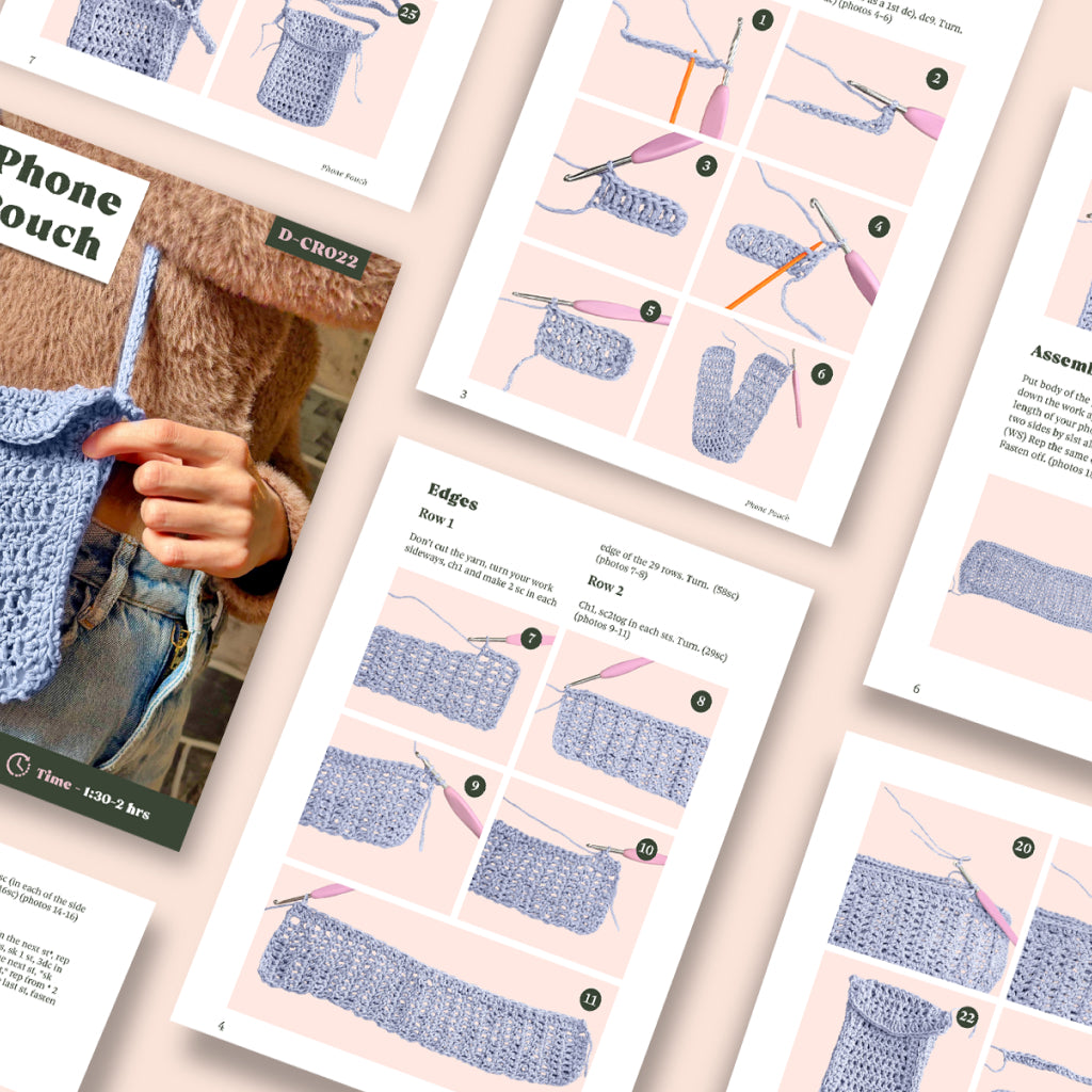 The Phone Pouch Crochet Pattern booklet is open, displaying illustrated step-by-step instructions and photos of a lavender crocheted pouch with a customizable strap.