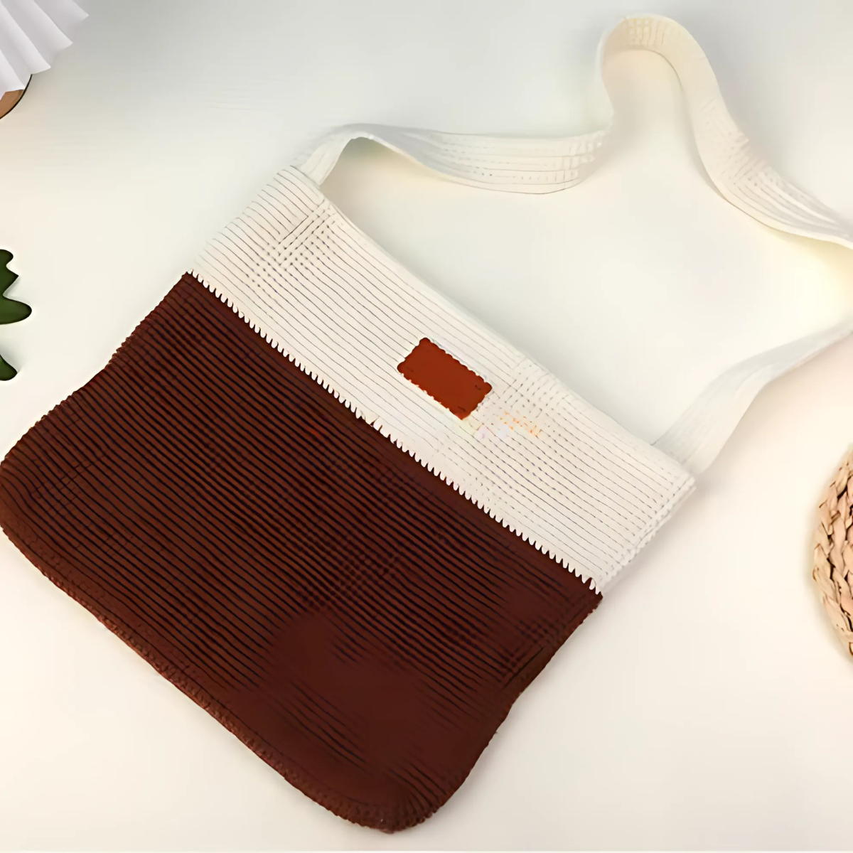 The Modern Crochet Tote Bag Kit features a stylish two-tone design with a white cotton yarn strap and upper section, and a brown lower section, shown lying flat on a white surface.
