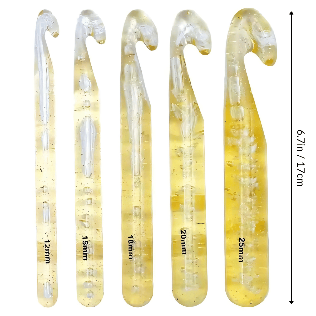 The Large Crochet Hooks for Chunky Yarn set includes five translucent yellow hooks (12mm to 25mm) and a 17cm ruler—ideal for jumbo yarn or bulky crochet projects.