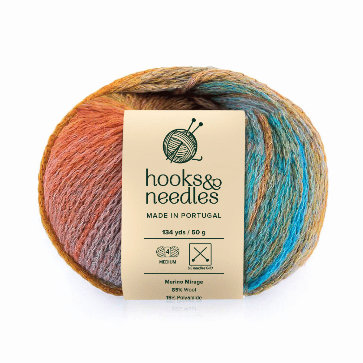 Merino Mirage is a multicolored, medium weight luxury yarn (134 yds/50g), made in Portugal with 85% Merino wool and 15% polyamide; labeled "hooks & needles" with care symbols.