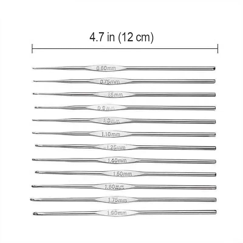 The Aluminum Crochet Hooks 12 Pcs set, featuring sizes from 0.6 mm to 1.9 mm and each measuring 4.7 inches (12 cm) long, is ideal for intricate projects due to its durability.