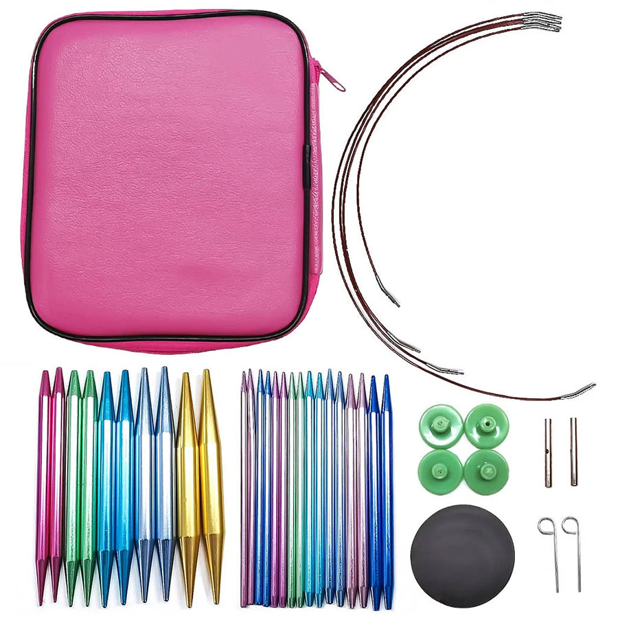 This premium Aluminum Knitting Needle Set with Case (bundle) includes vibrant interchangeable needles, cables, stoppers, keys, and connectors, beautifully arranged alongside a pink zippered case.