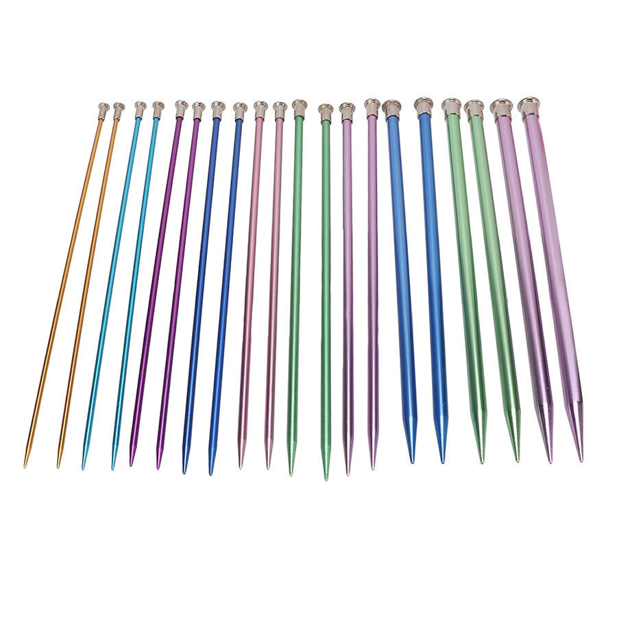 A row of vibrant knitting needles from the (Test) 20 Pcs Aluminum Knitting Needle Set is neatly arranged in pairs, highlighting a variety of sizes and colors such as gold, blue, purple, pink, and green against a white background. These knitting needle sets feature smooth surfaces for an exceptional crafting experience.