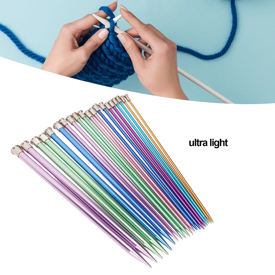 Hands knitting blue yarn with needles; below, the (Test) 20 Pcs Aluminum Knitting Needle Set is arranged in a row, showcasing colorful metal pieces. Text reads "ultra light.