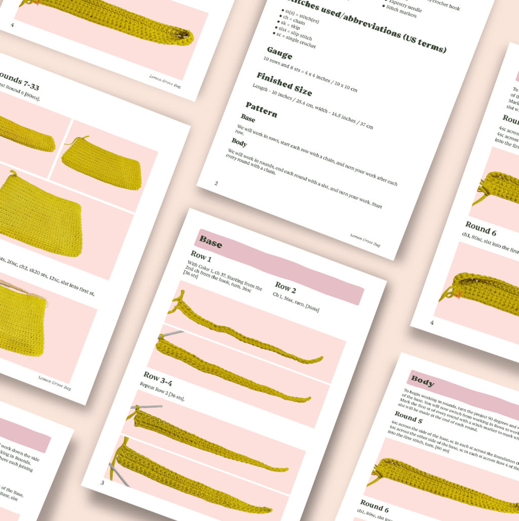 The Lemon Grove Bag Crochet Pattern features written instructions and step-by-step photos with yellow yarn on a light pink background—everything you need to create your own stylish handmade bag.