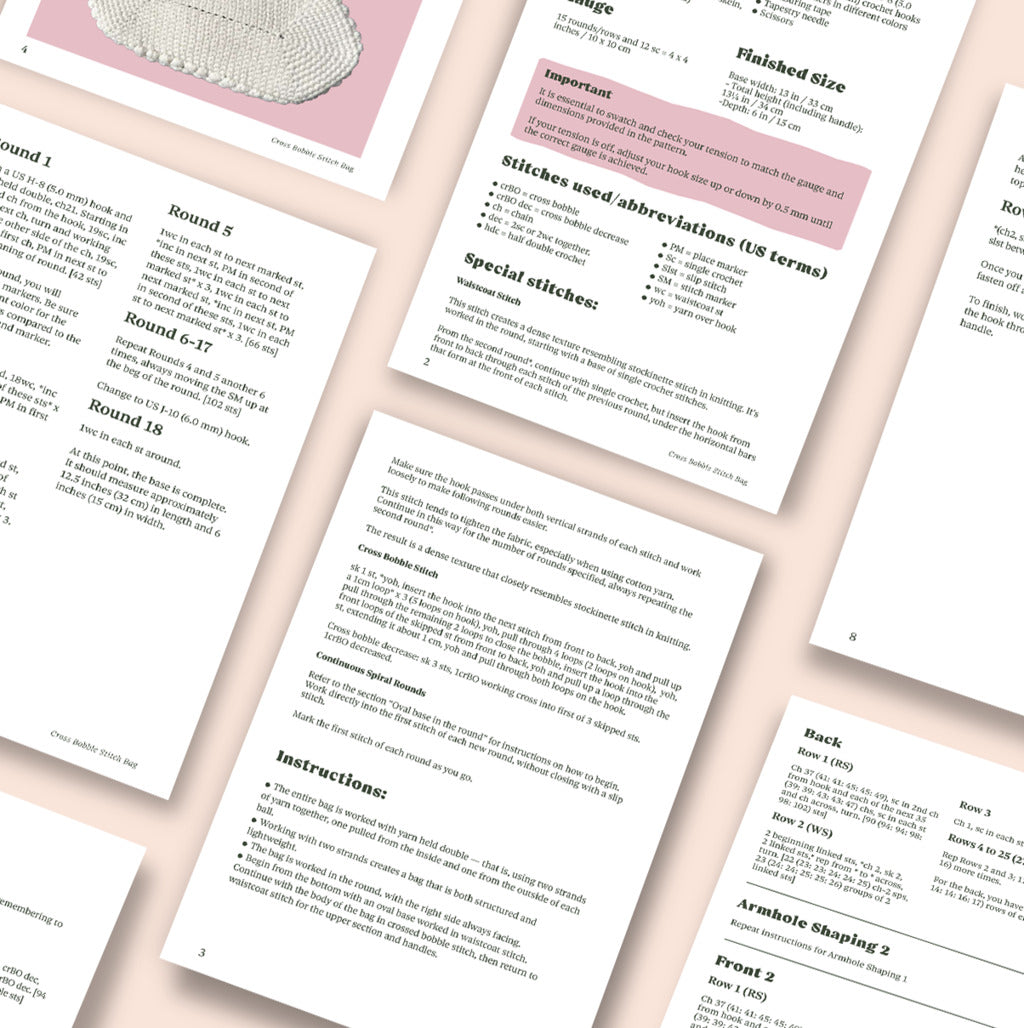 A flat lay of several printed pages featuring the Cross Bobble Stitch Bag Crochet Pattern, with instructions, abbreviations, and notes displayed on a light beige background.