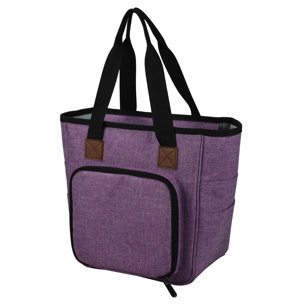 The Yarn Organizer Tote, featuring a purple insulated design with black handles, outer pockets, and a front zipper compartment, is perfect for organizing your crocheting or knitting essentials while on the go.