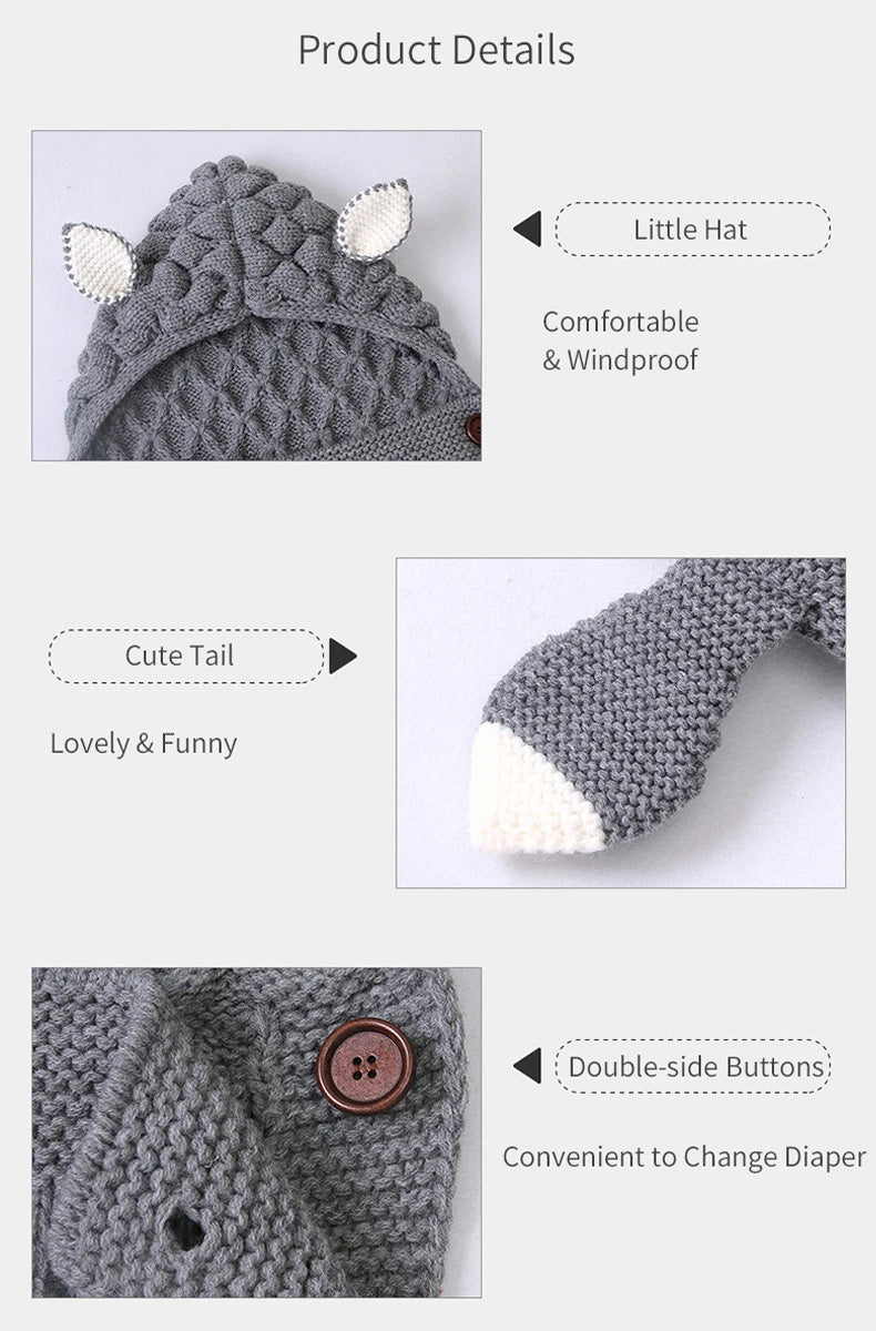 The Knitted Baby Sleeping Bag Wrap Blanket bundle includes a charming baby outfit complete with a hat featuring ears, an adorable tail, and double-sided buttons. Designed to be cozy, windproof, and convenient for quick diaper changes, this product prioritizes comfort.
