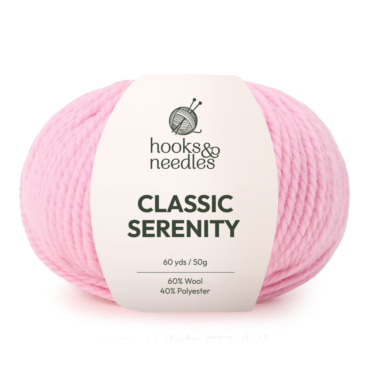 A 50g skein of Classic Serenity Yarn in pink, made from a soft wool-polyester blend, offers 60 yards—perfect for chunky blankets.