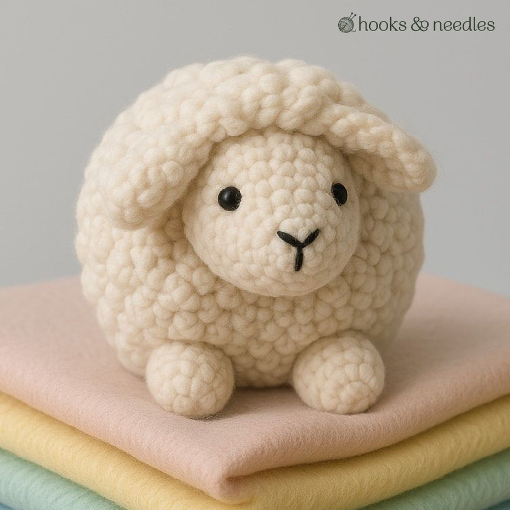 A crocheted white lamb sits on pastel fabric beside the "hooks & needles" logo—ideal inspiration for intermediate crocheters interested in the Baby Lamb Stuffie Crochet Pattern.