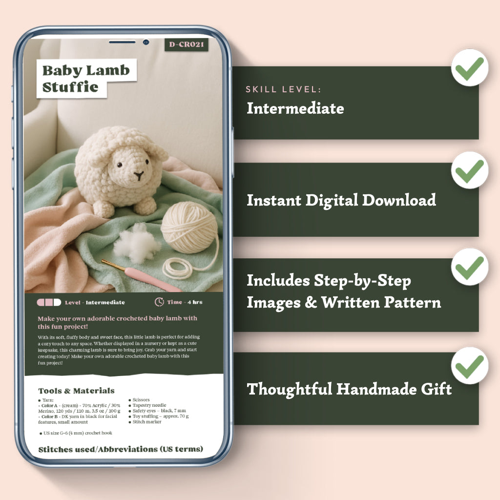 A smartphone shows the Baby Lamb Stuffie Crochet Pattern; checkmarks highlight it's great for intermediate crocheters, offered as a digital download, includes step-by-step images and written instructions, and makes a perfect gift.