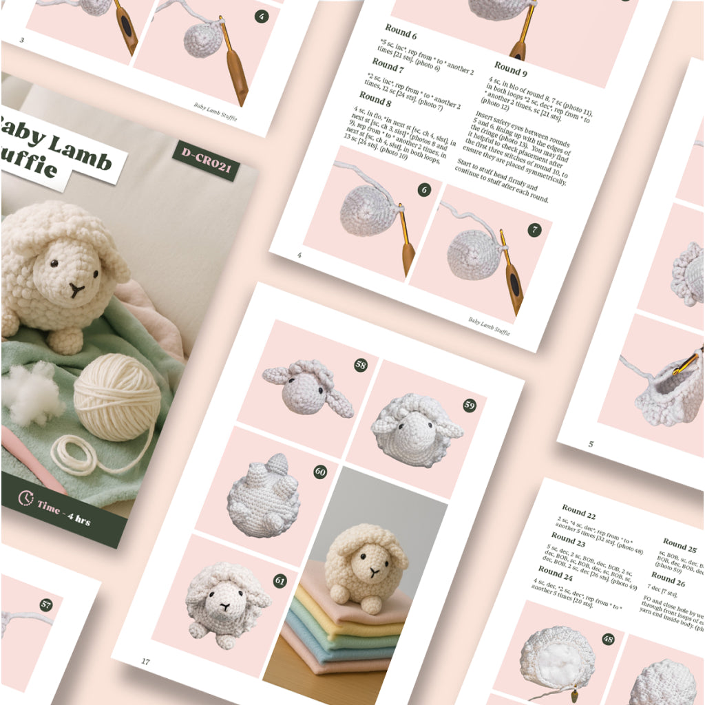 Flat lay of the Baby Lamb Stuffie Crochet Pattern booklet for intermediate crocheters, featuring step-by-step photos, instructions to make a baby lamb plushie, finished lambs, and colorful yarn.