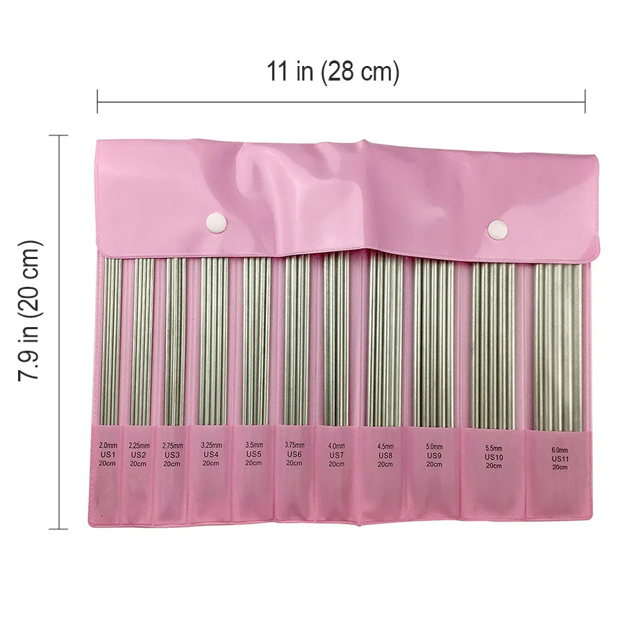 The 55 Pcs Double Pointed Knitting Needle Set includes aluminum knitting needles in a pink foldable case, measuring 11 inches by 7.9 inches, with sizes clearly labeled.