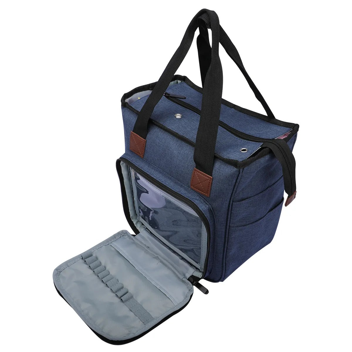 Yarn Organizer Tote in blue fabric with black handles and a front zippered compartment. Ideal as a craft organizer, the open compartment provides an organized layout perfect for storing knitting essentials.
