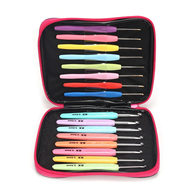 Unzip the case to reveal the Ergonomic Crochet Hook Set 16 Pcs with multicolored, soft grip handled hooks lined up in two organized rows, ideal for individuals with arthritic hands, against a stylish black backdrop.
