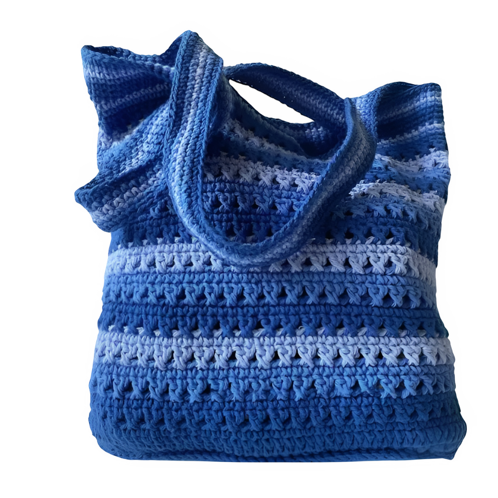 A blue and light blue striped DIY Crochet Tote Bag Kit with handles, shown against a white background.