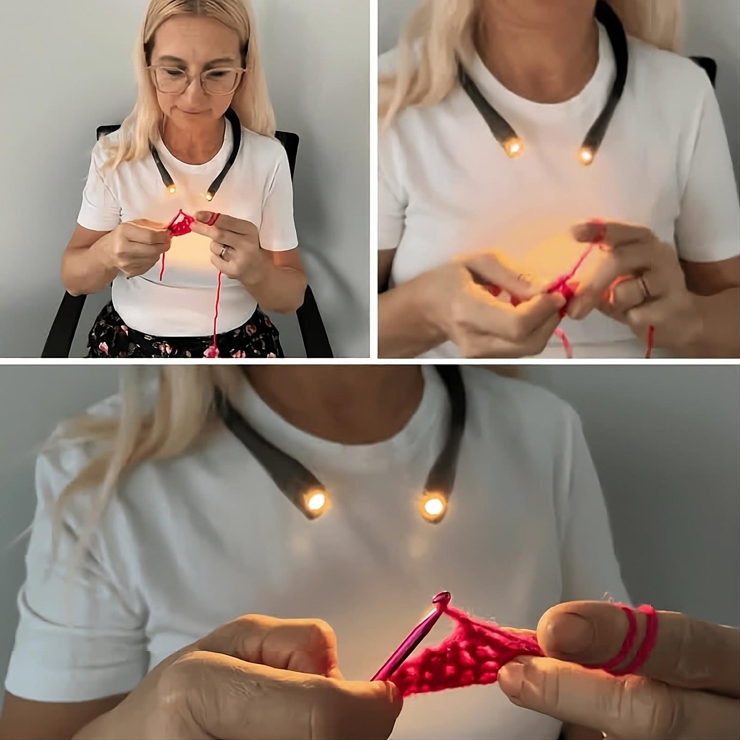 A person knitting with pink yarn, dressed in a white shirt and wearing glasses, enjoys the focused glow of their Crocheting/Knitting Neck Lamp as the perfect knitting accessory.