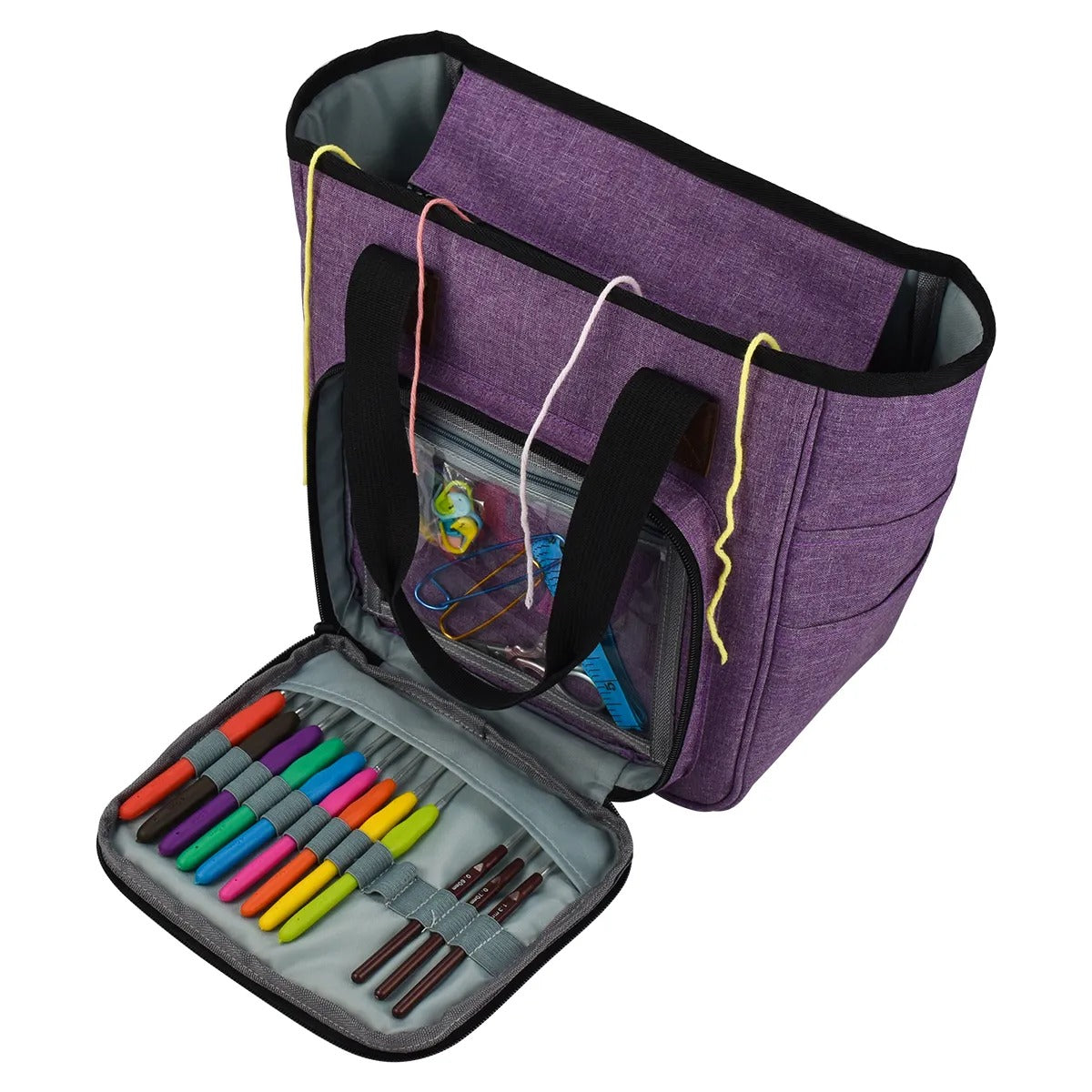 The Yarn Organizer Tote is a purple multi-functional craft bag with open compartments, designed to perfectly display markers, crochet hooks, and yarn for easy access while crocheting or knitting.