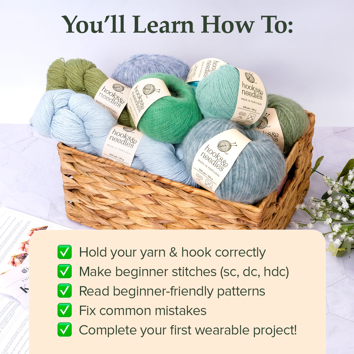 The "Crochet for Beginners – Video Course" comes with a yarn basket and guides you through beginner crochet skills, like holding yarn, making stitches, reading patterns, fixing mistakes, and completing handmade projects effortlessly.