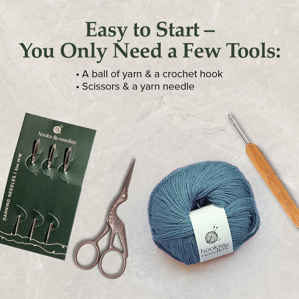 Displayed are essential crochet tools: scissors, yarn needle set, crochet hook, and a ball of blue-green yarn with a label. Ideal for handmade projects or starting your beginner course. Items listed: ball of yarn, crochet hook, scissors, and yarn needle. Begin with "Crochet for Beginners – Video Course.
