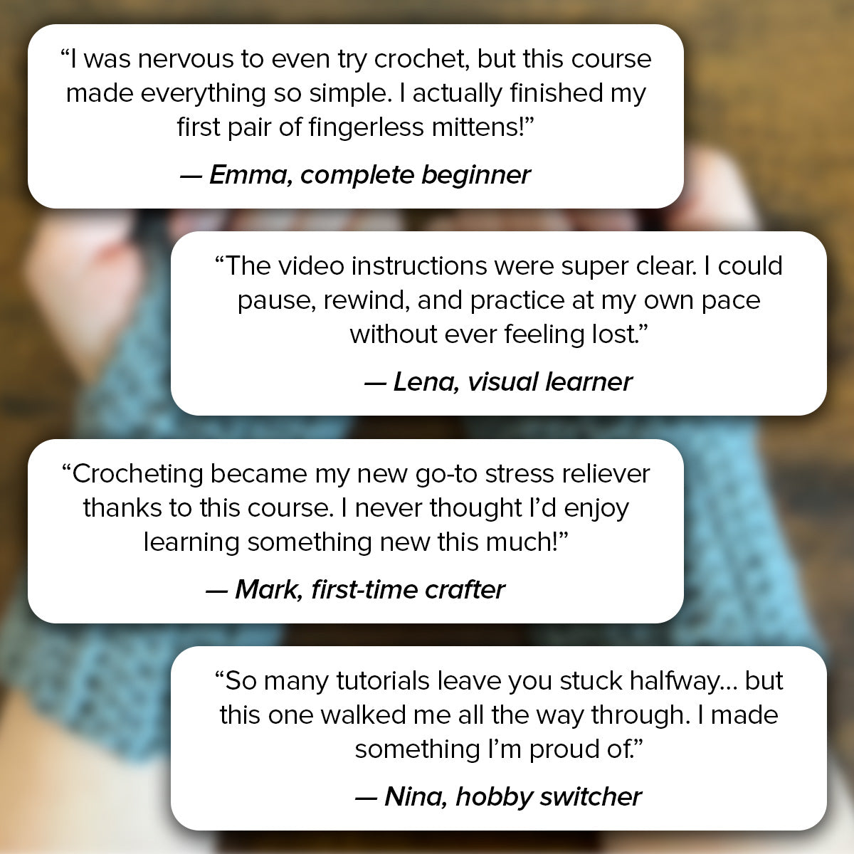 Testimonials praising the "Crochet for Beginners – Video Course," each with quotes from different learners, are showcased over a backdrop of hands working on handmade projects.