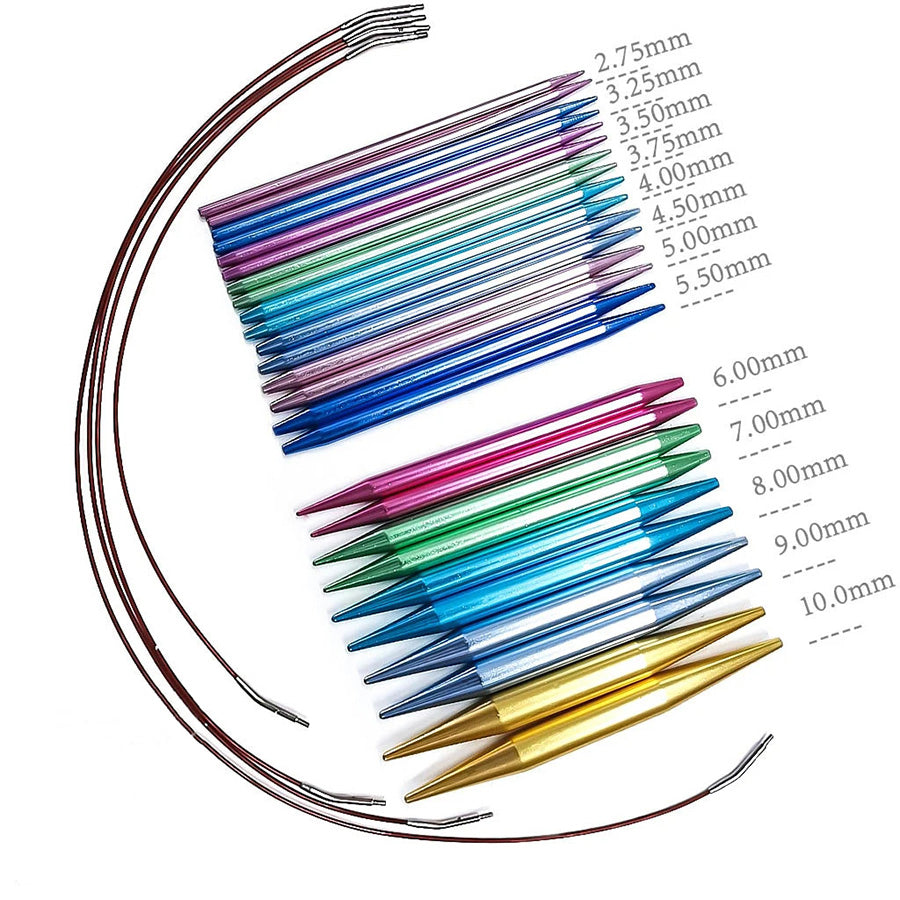 The Aluminum Knitting Needle Set with Case (bundle) showcases a premium collection of colorful, interchangeable high-quality aluminum needles and cables, presented in sizes ranging from 2.75mm to 10.00mm, meticulously arranged in rows on a white surface.