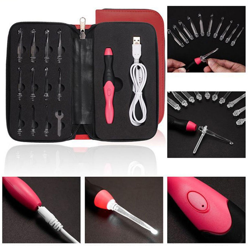 LED Crochet Hooks: 11-in-1 Rechargeable (Bundle52) featuring USB-powered LED light with adjustable brightness, interchangeable crochet hooks, a small wrench for adjustments, and a convenient carrying case. Multiple close-up images display the crochet hooks, attachments, and USB cord.