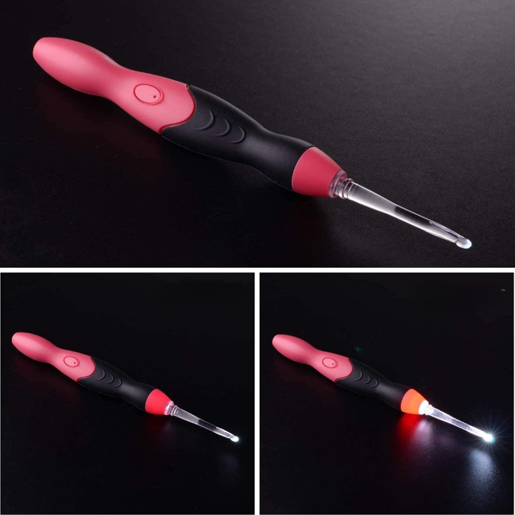 The LED Crochet Hooks: 11-in-1 Rechargeable set, shown in pink and black with a clear tip, built-in LED light, and interchangeable heads, is displayed from various angles on a black surface.