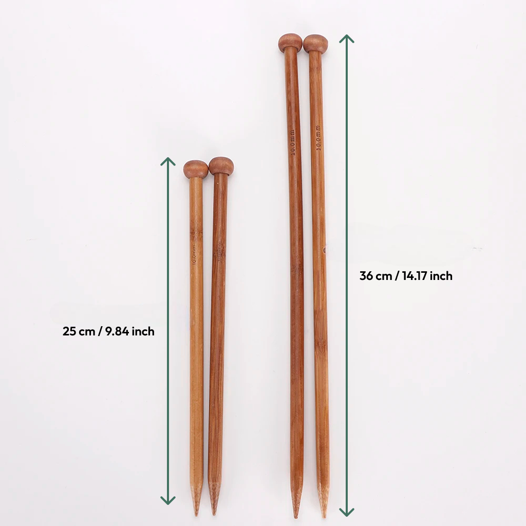 The 36 Pcs Bamboo Knitting Needles set features pairs measuring 25 cm and 36 cm, crafted from quality bamboo for comfort. Both sizes are displayed side by side with clear length markings for easy comparison.