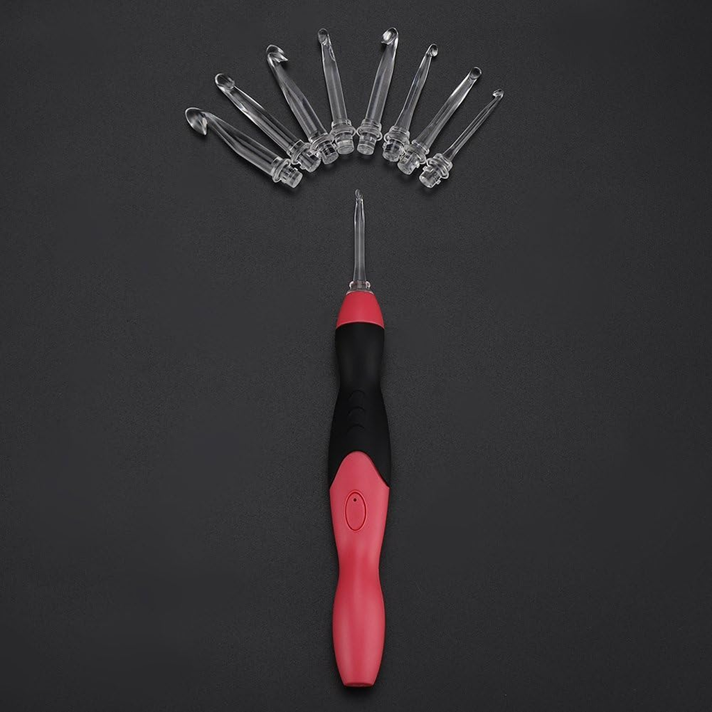 The LED Crochet Hooks: 11-in-1 Rechargeable set features a red and black ergonomic handle with seven interchangeable heads, displayed in a semicircle on a dark background.