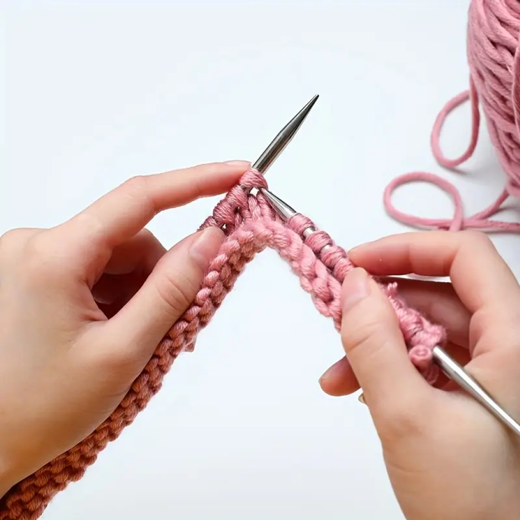 Close-up of hands knitting with pink yarn using the Stainless Steel Knitting Needle Set, with a ball of yarn in the background—ideal for cozy projects on a white surface.