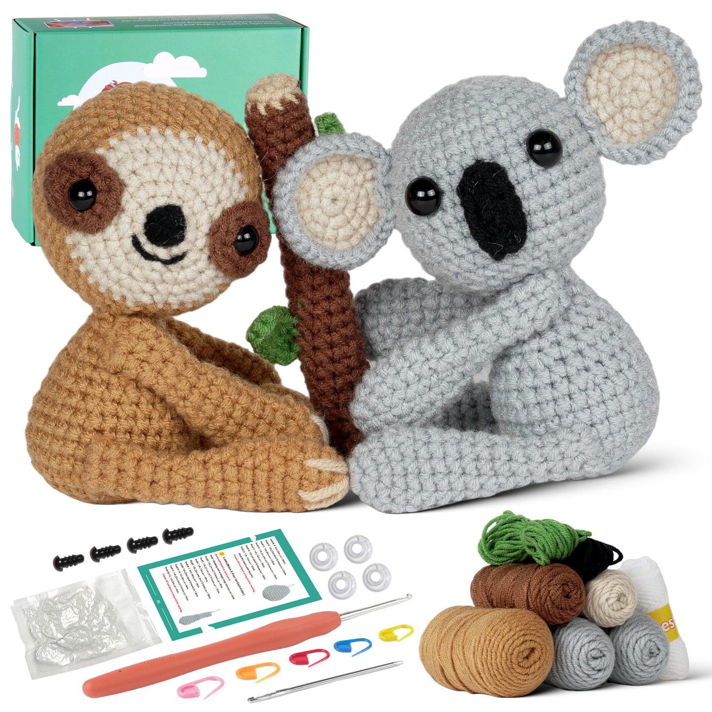 The Crochet Sloth & Koala Kit includes plush animals, yarn, hooks, safety eyes, stitch markers, stuffing, and instructions in a green box—ideal as a beginner-friendly animal crochet kit.