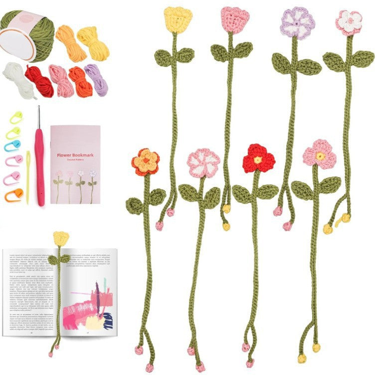 The Crochet Flower Bookmark Kit 8pcs includes yarn, crochet hook, markers, instructions, and finished colorful bookmarks—perfect gifts for book lovers and shown marking a page beautifully in an open book.