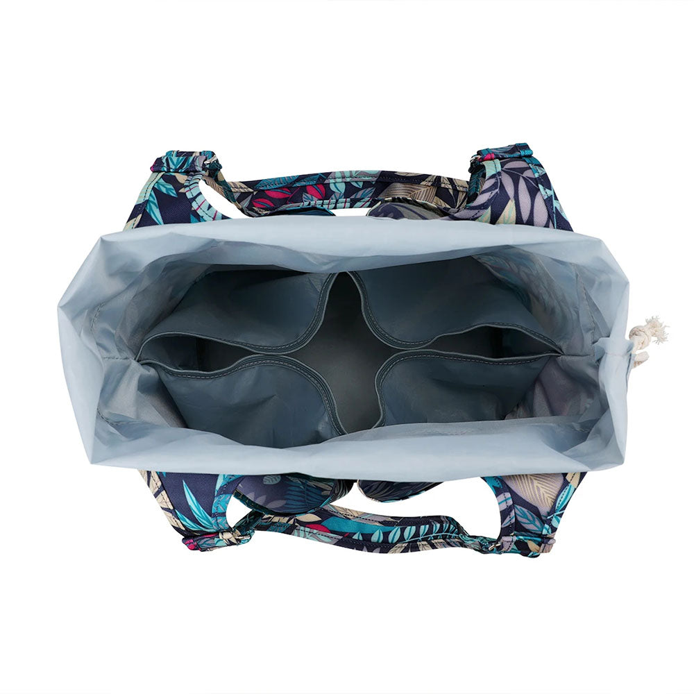 The top view of the Knit on The Go yarn tote bag showcases its multiple compartments, ideal for organizing your knitting essentials. The charming floral pattern on the exterior fabric makes it a stylish addition to any knitting accessory collection.