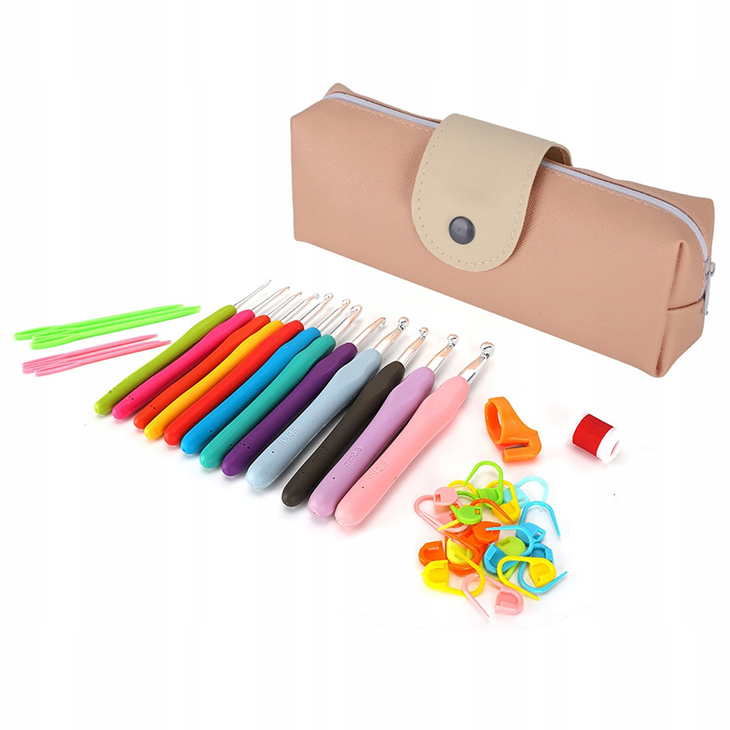 The Crochet Hook Set 31 Pcs with Bag - Beginner Friendly includes a beige zippered pouch, crochet hooks, colorful stitch markers, yarn needles, a thimble, and a small spool of thread for all your crafting needs.
